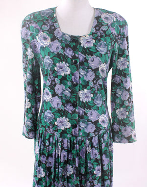 Vintage 80's Supre Jersey Green Floral Dress - Size S