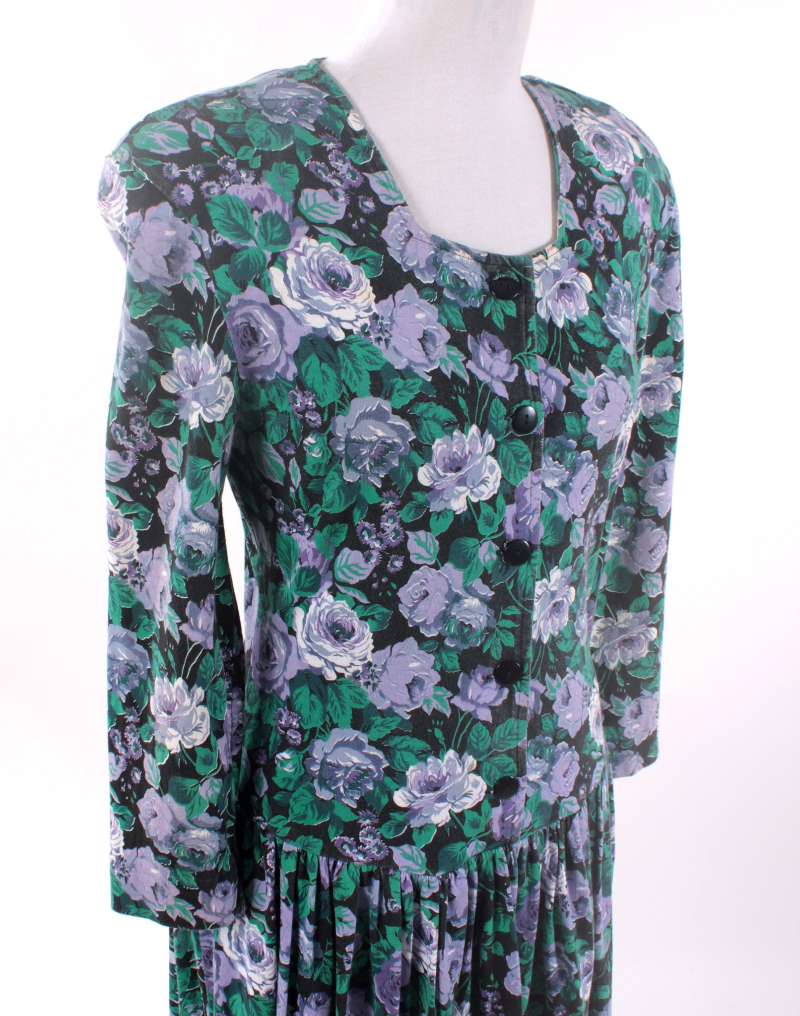 Vintage 80's Supre Jersey Green Floral Dress - Size S