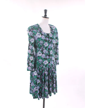 Vintage 80's Supre Jersey Green Floral Dress - Size S