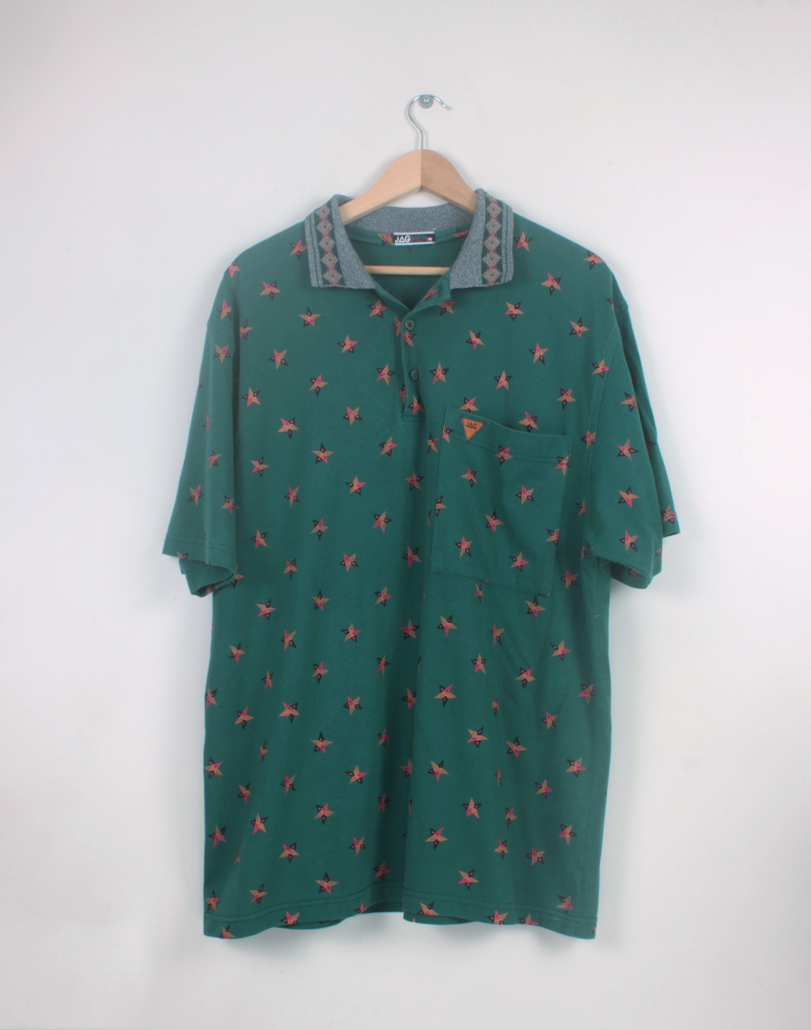 Jag Green Retro Print Polo Shirt - Size Medium Oversize