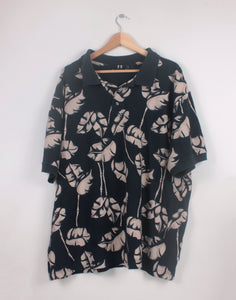 Black Flower Retro Print Polo Shirt - Size X-Large