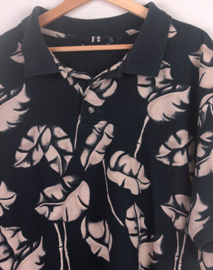 Black Flower Retro Print Polo Shirt - Size X-Large