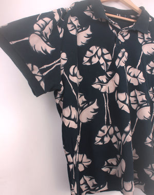 Black Flower Retro Print Polo Shirt - Size X-Large