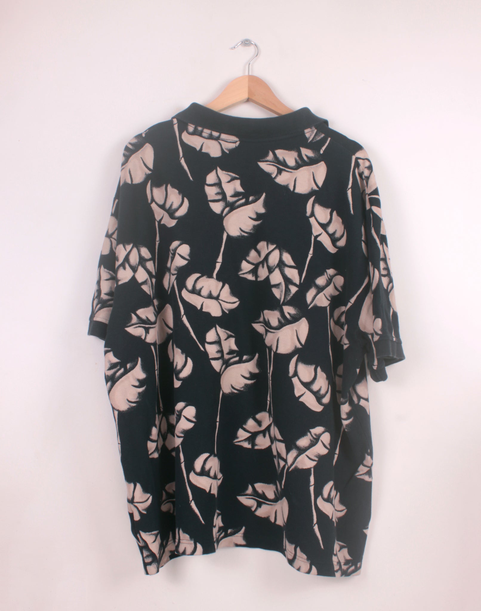 Black Flower Retro Print Polo Shirt - Size X-Large