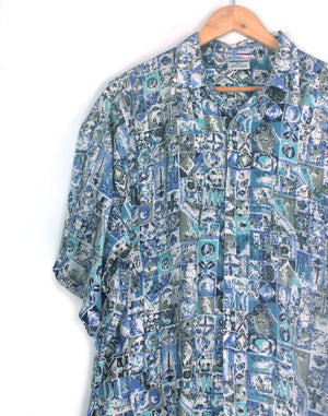 Blue Purple Retro Washed Print Shirt - Size XXLarge