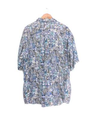 Blue Purple Retro Washed Print Shirt - Size XXLarge