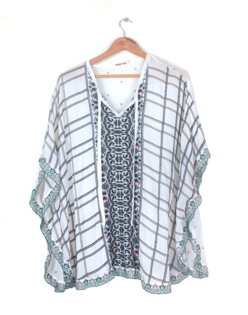 Johnny Was Cherpas White Green Embroidered Tunic Poncho Top