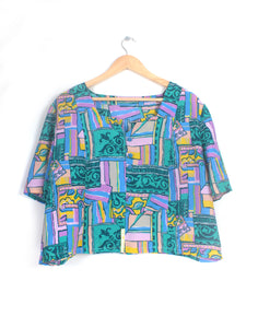 Vintage 80's Blue & Pink Floral Crop Blouse - Size M / L