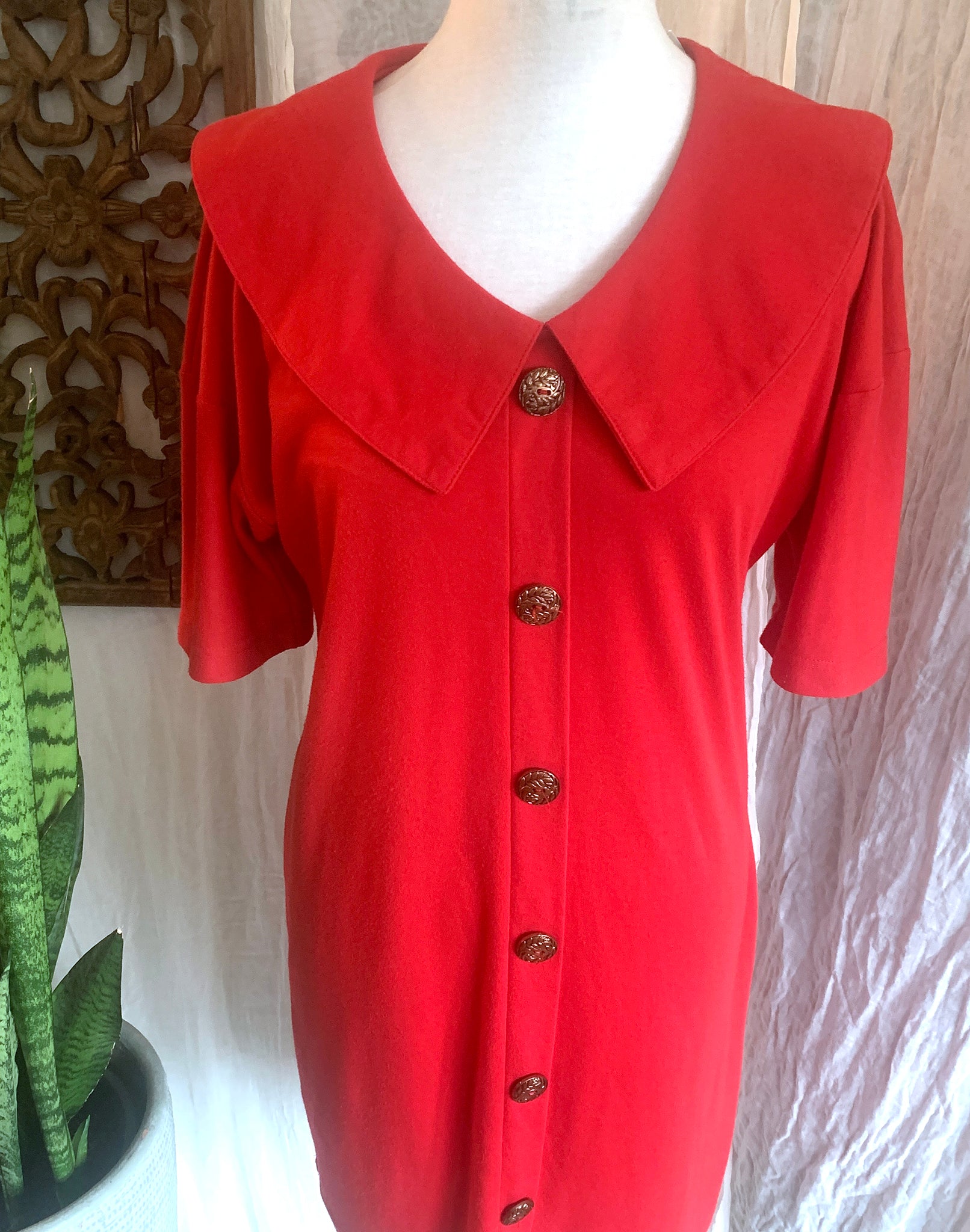 Vintage 80's Smartline Mod Retro Red Jersey Collar Button Dress