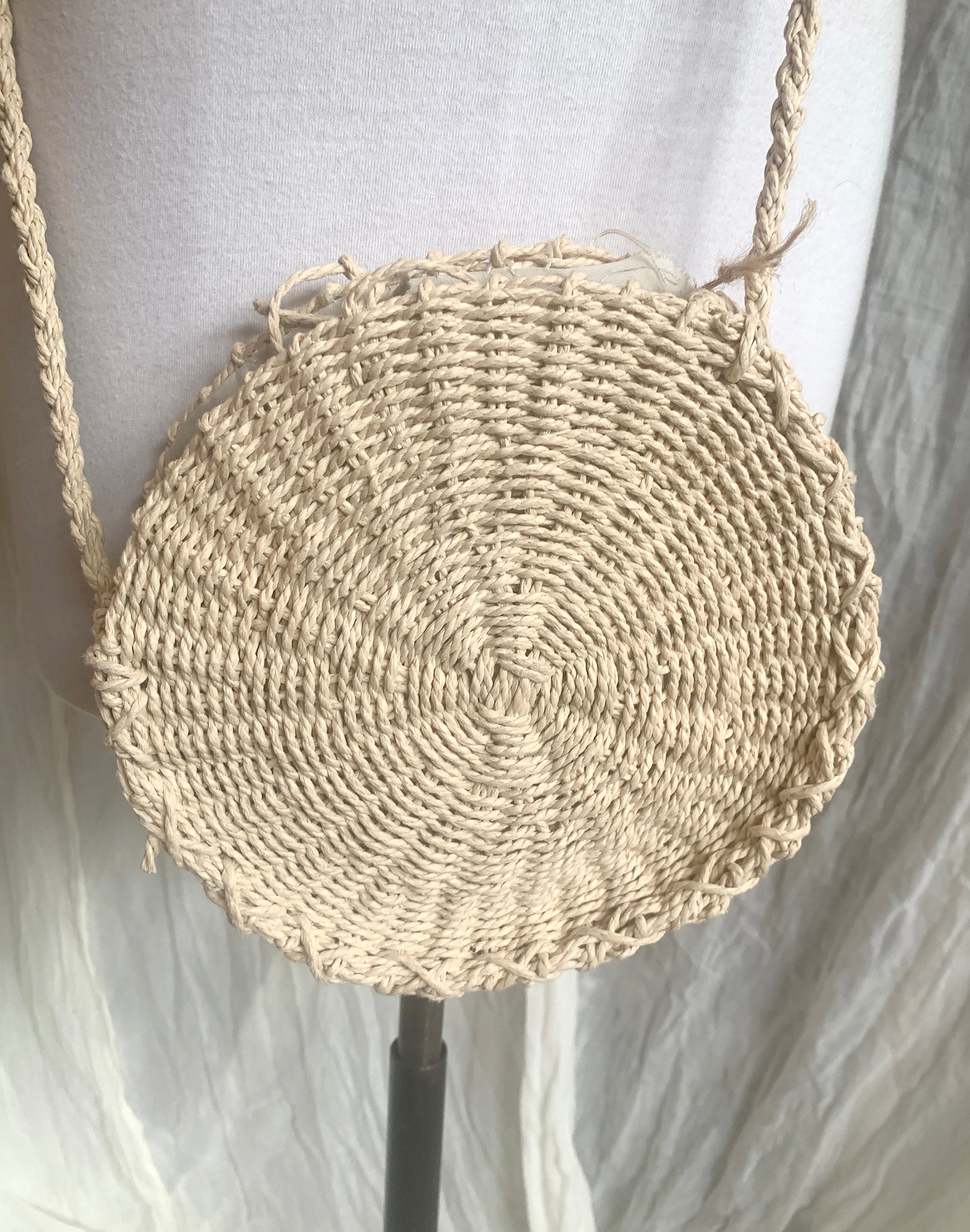 Cream Wicker Woven Macrame Roundall Bag