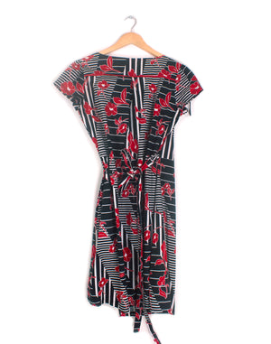 Leona Edmiston Black Red Print Wrap Dress - Size S / M