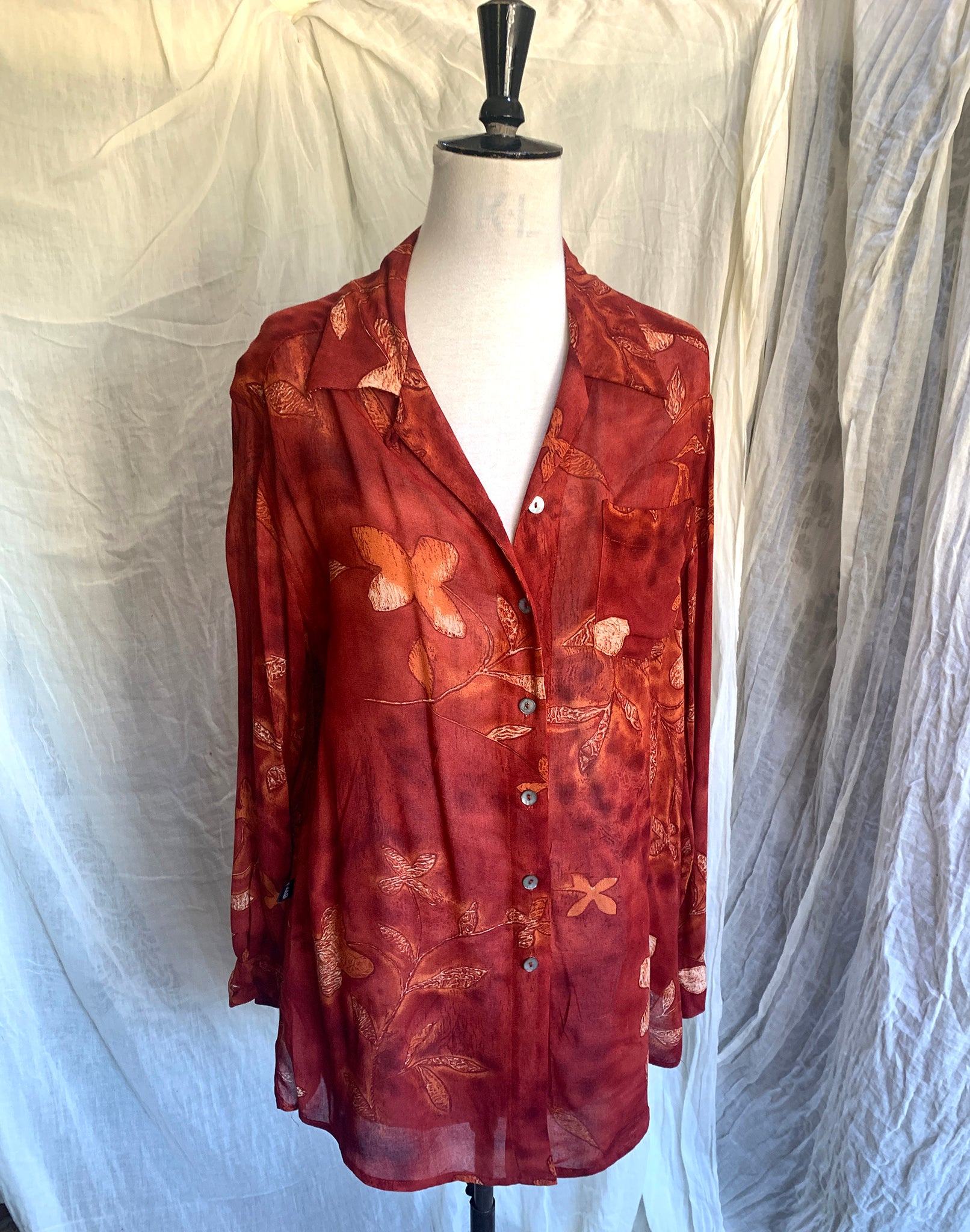 Vintage 80's Jag Rust Abstract Floral Long Shirt - Size S