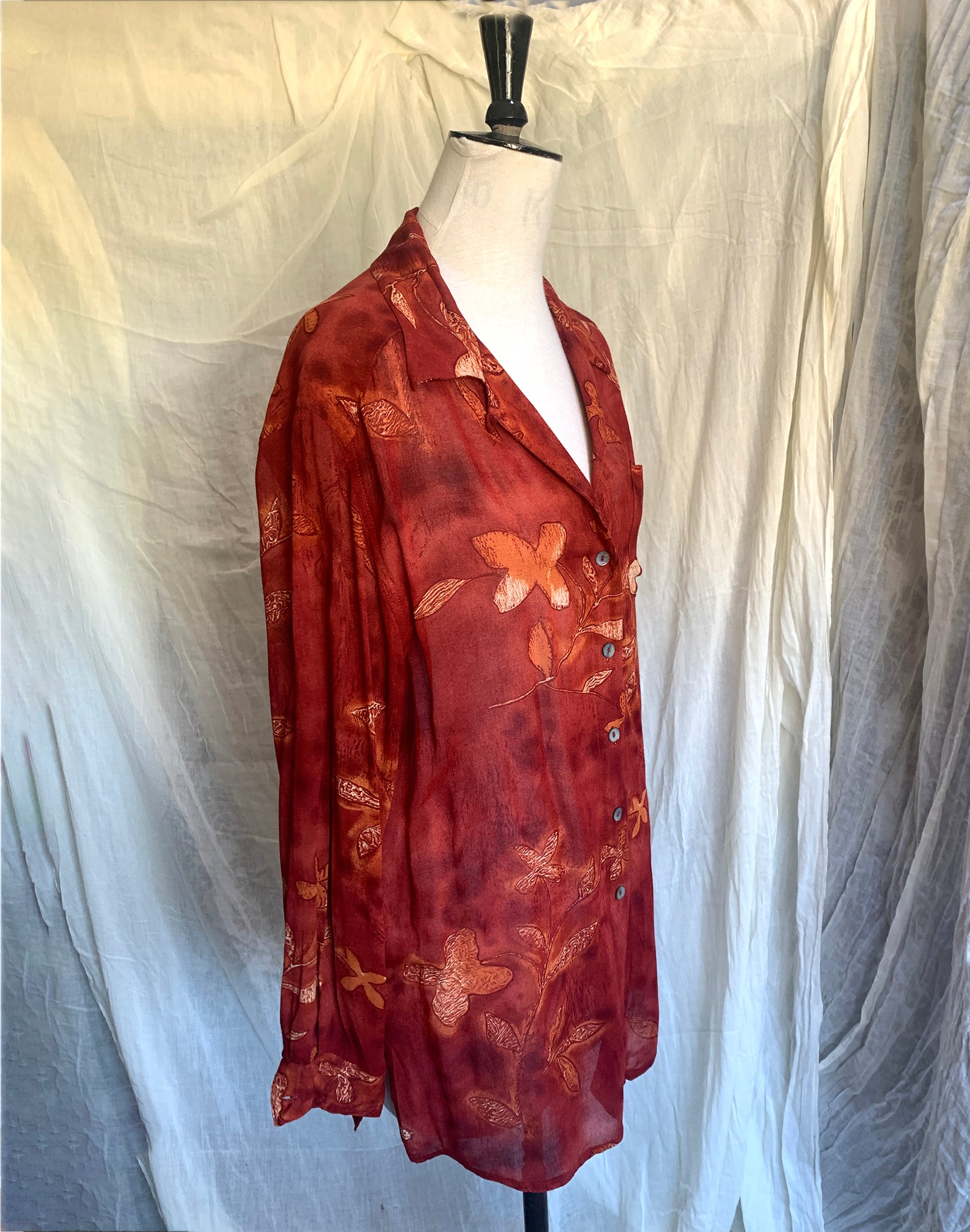 Vintage 80's Jag Rust Abstract Floral Long Shirt - Size S