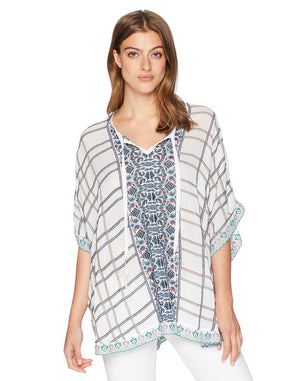 Johnny Was Cherpas White Green Embroidered Tunic Poncho Top