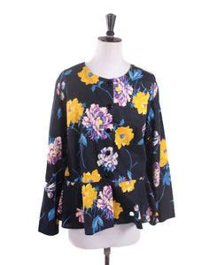 Bright Yellow and Black Floral Peplum Shirt Jacket